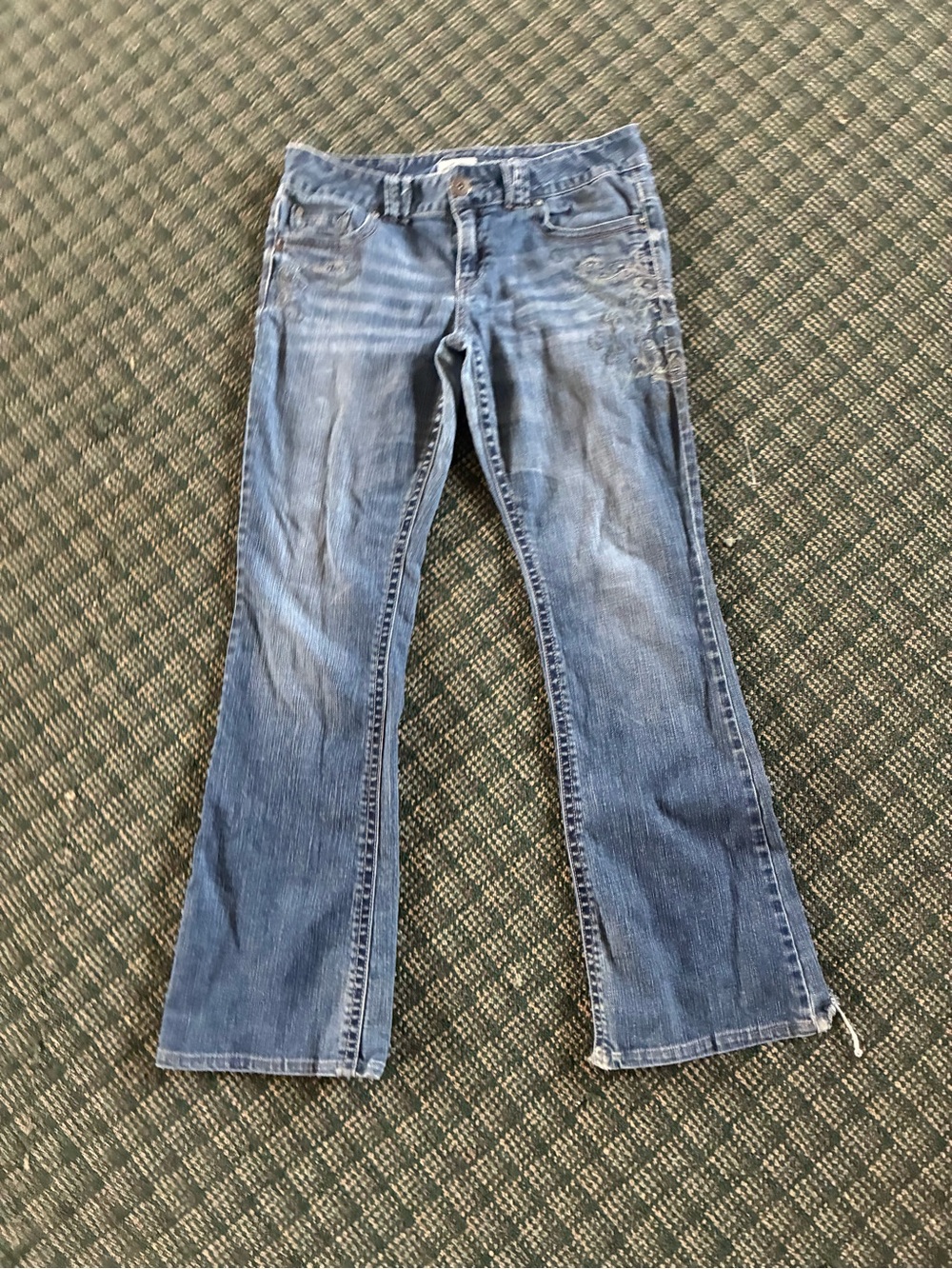 Women's Blue Denim Flare Jeans with Subtle Embroidery